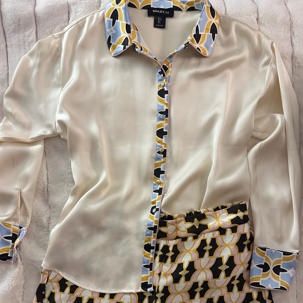 Cream Blouse and Patterned Pants Set